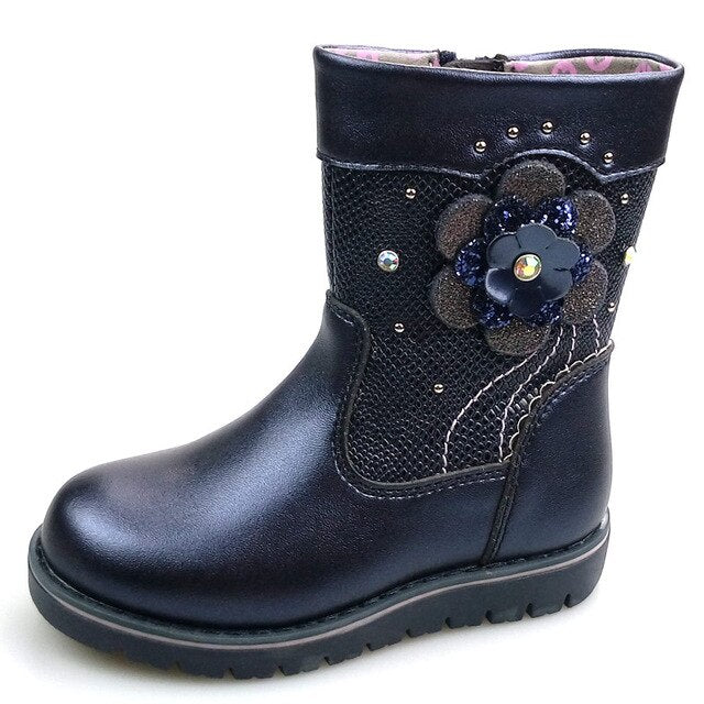 Flower Decoration Mid-Calf Blue Bright Leather Anti-slip kids Shoes