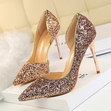 Load image into Gallery viewer, women&#39;s shoes with high heel shallow mouth pointed side hollow sequined