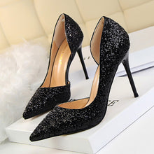 Load image into Gallery viewer, women&#39;s shoes with high heel shallow mouth pointed side hollow sequined
