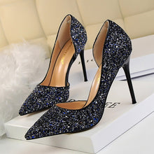 Load image into Gallery viewer, women&#39;s shoes with high heel shallow mouth pointed side hollow sequined