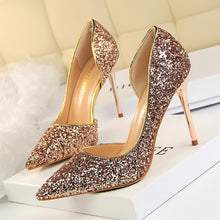 Load image into Gallery viewer, women&#39;s shoes with high heel shallow mouth pointed side hollow sequined