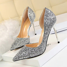 Load image into Gallery viewer, women&#39;s shoes with high heel shallow mouth pointed side hollow sequined