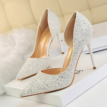 Load image into Gallery viewer, women&#39;s shoes with high heel shallow mouth pointed side hollow sequined
