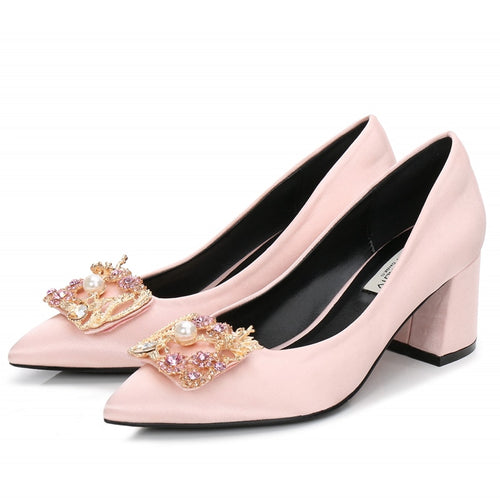 Pink Silk Woman Pumps Bow Square Heels