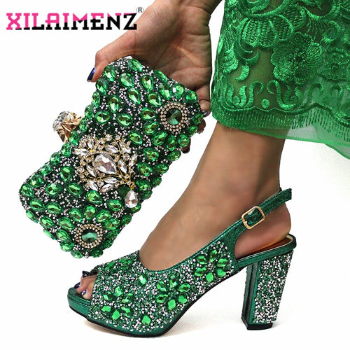 2020 Christmas Restriction African Women Shoes Matching Bag in Green Color