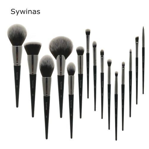 Sywinas makeup brush set 15pcs  black Natural synthetic hair make up tools kit .