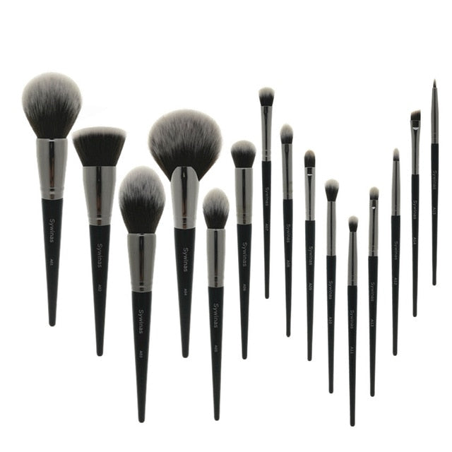 Sywinas makeup brush set 15pcs  black Natural synthetic hair make up tools kit .